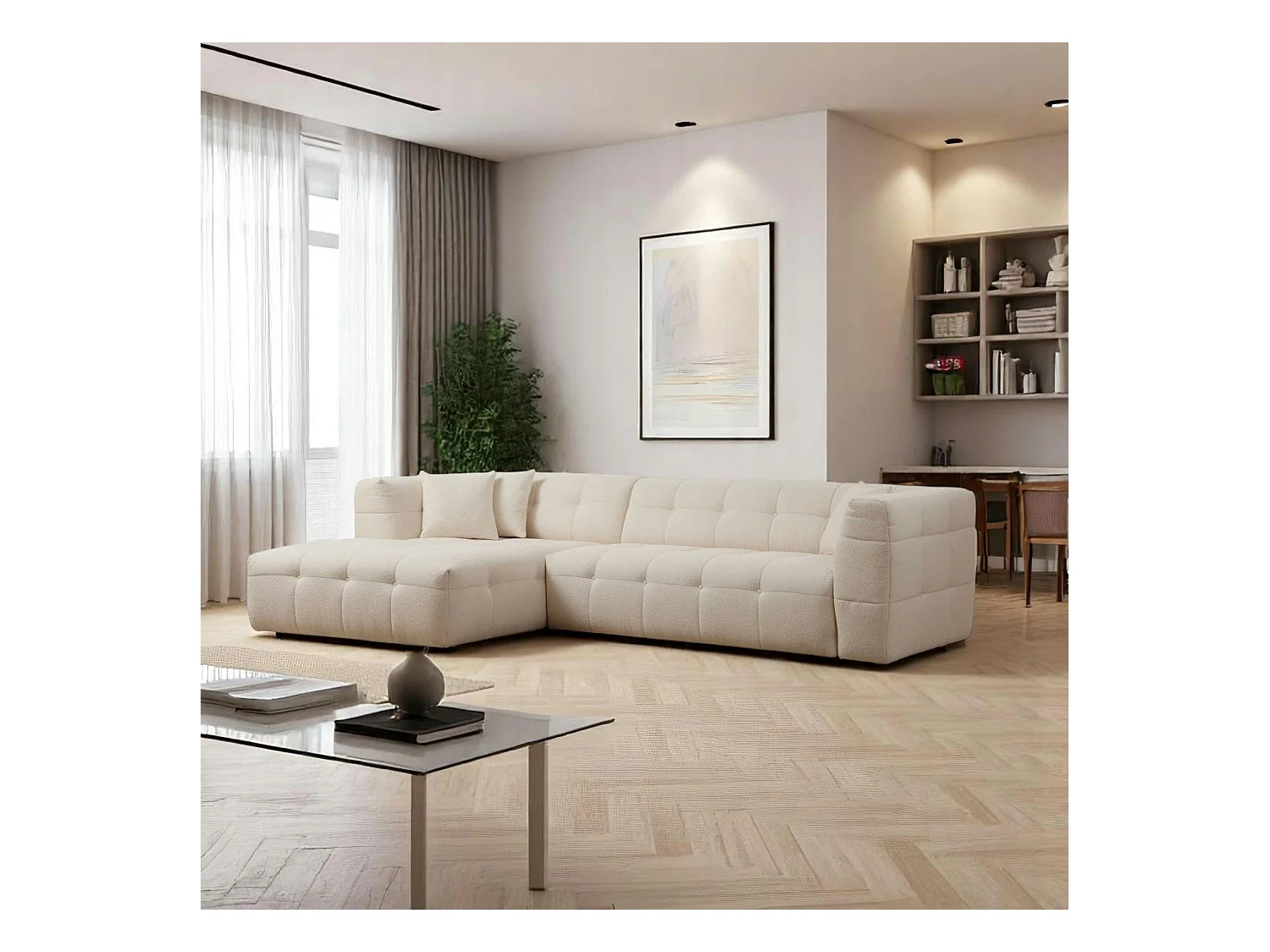 Canapé d'angle beige - capitonné, côté gauche RAVELLO