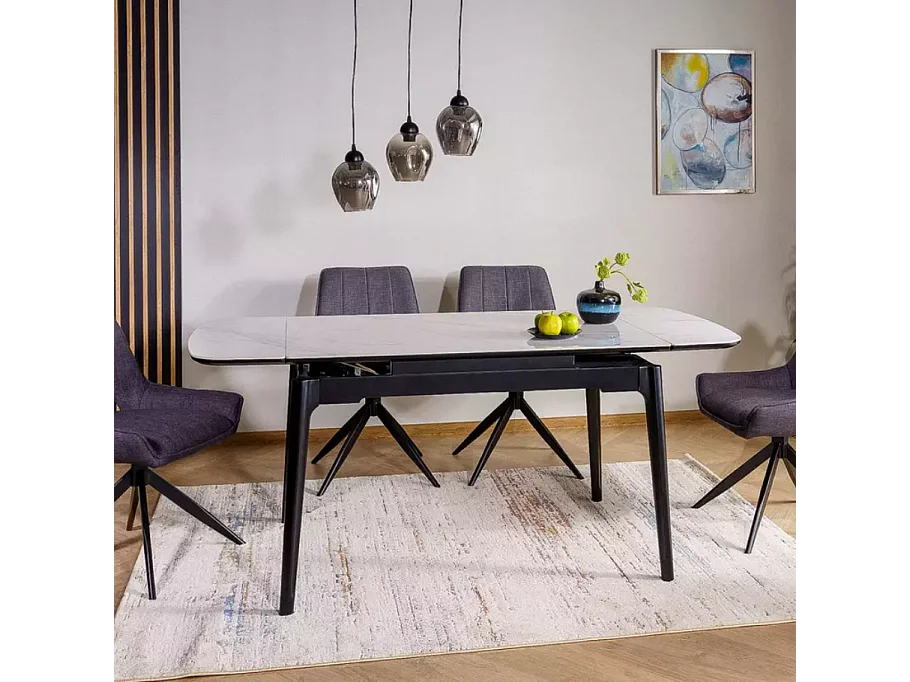 Table extensible de salle à manger blanc brillant 120 + 60cm céramique structure bois STAN