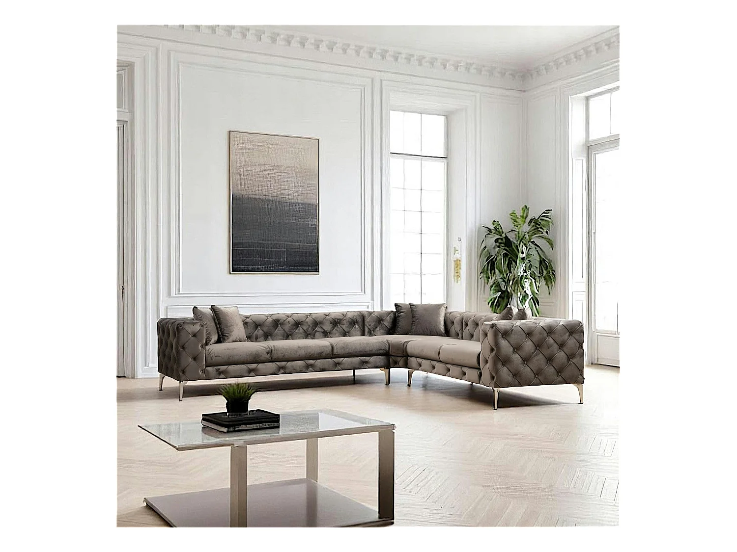 Canapé d'angle gris en velours capitonné - côté droit DOVER