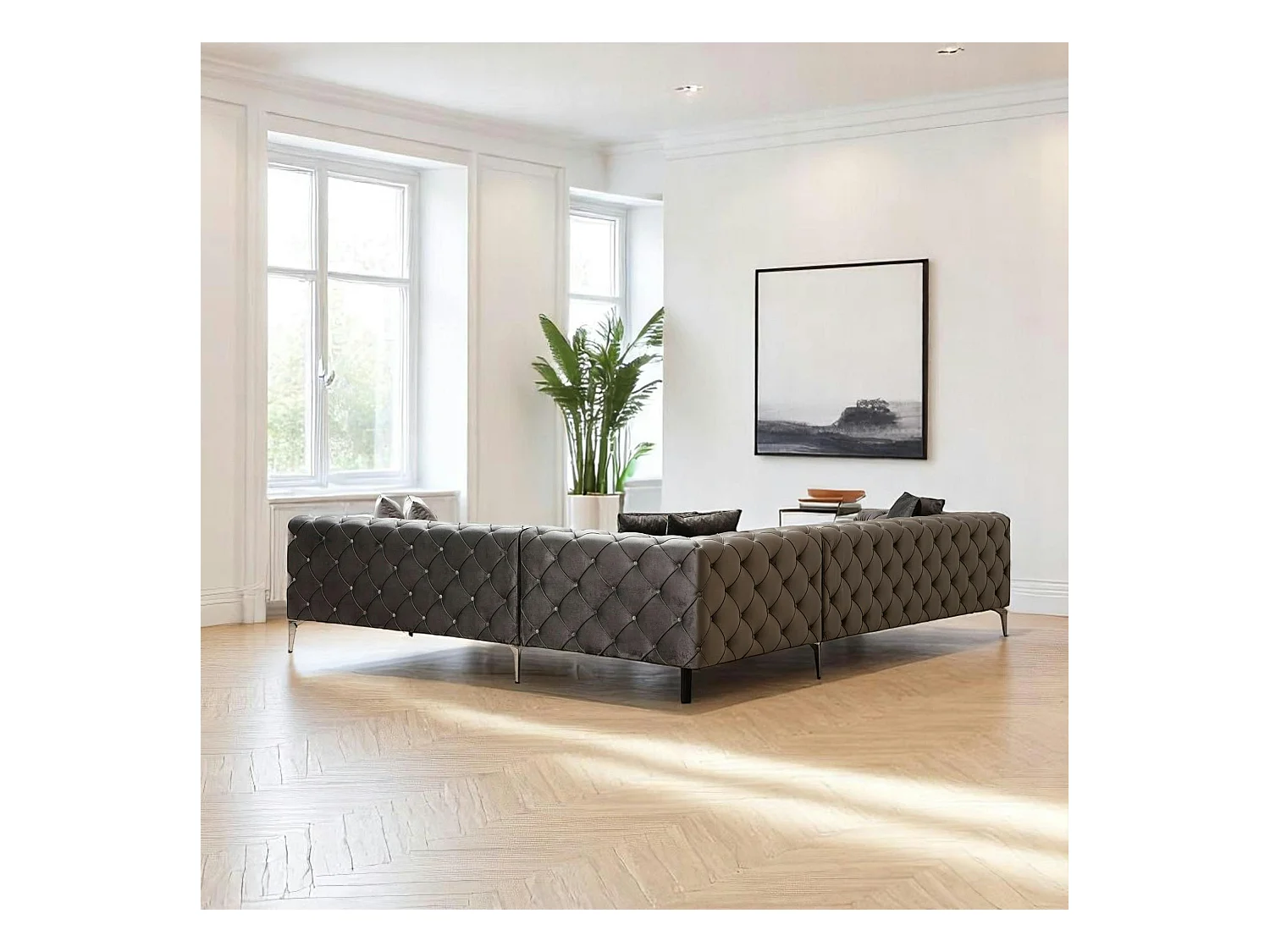 Canapé d'angle gris en velours capitonné - côté droit DOVER