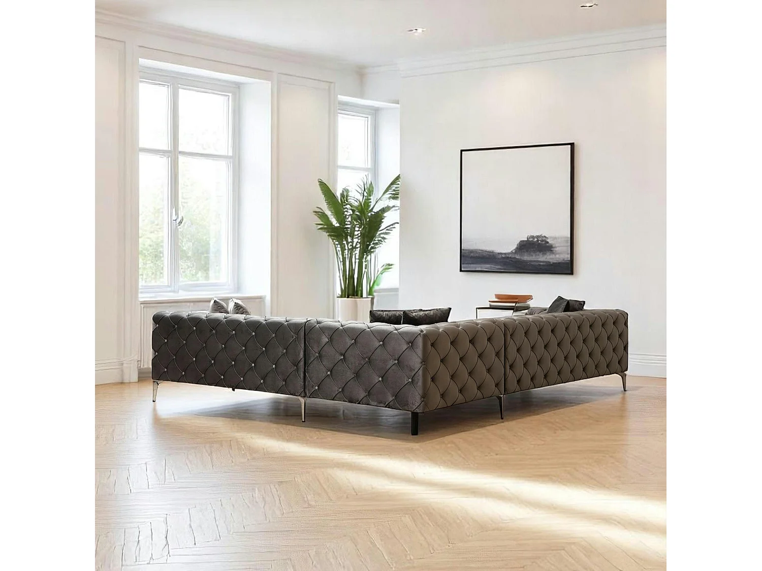 Canapé d'angle gris en velours capitonné - côté droit DOVER