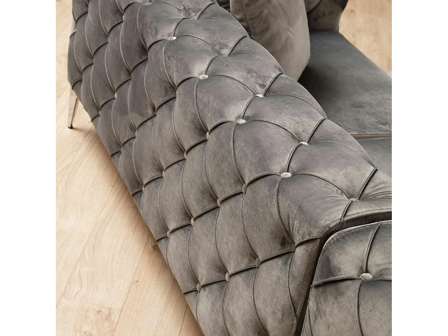 Canapé d'angle gris en velours capitonné - côté droit DOVER