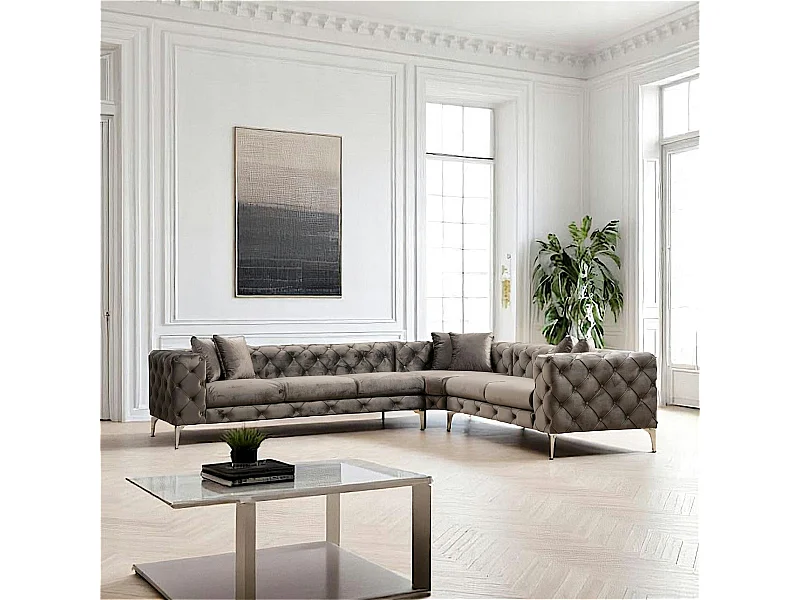 Canapé d'angle gris en velours capitonné - côté droit DOVER