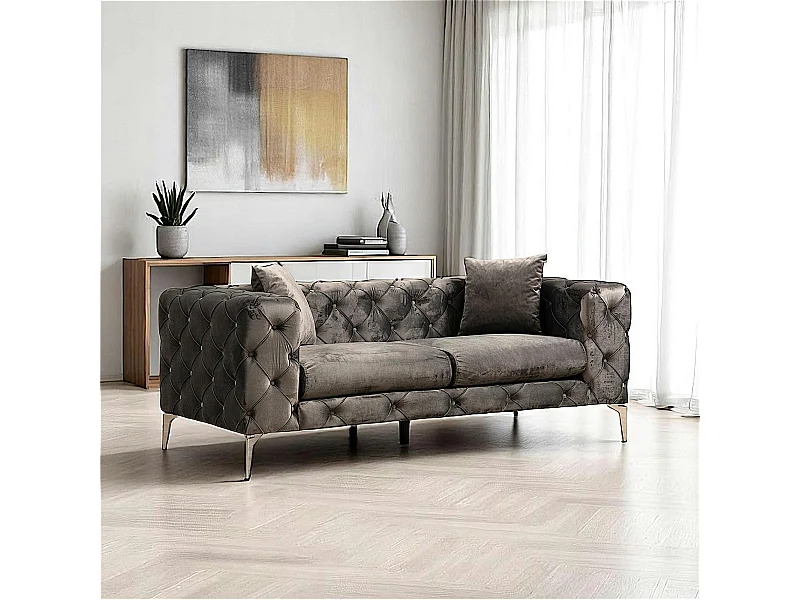 Canapé 2 places gris en velours capitonné DOVER