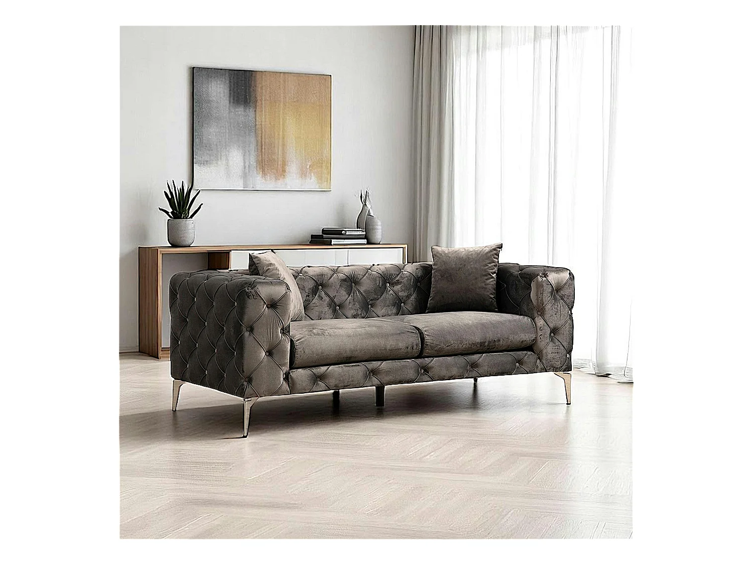 Canapé 2 places gris en velours capitonné DOVER