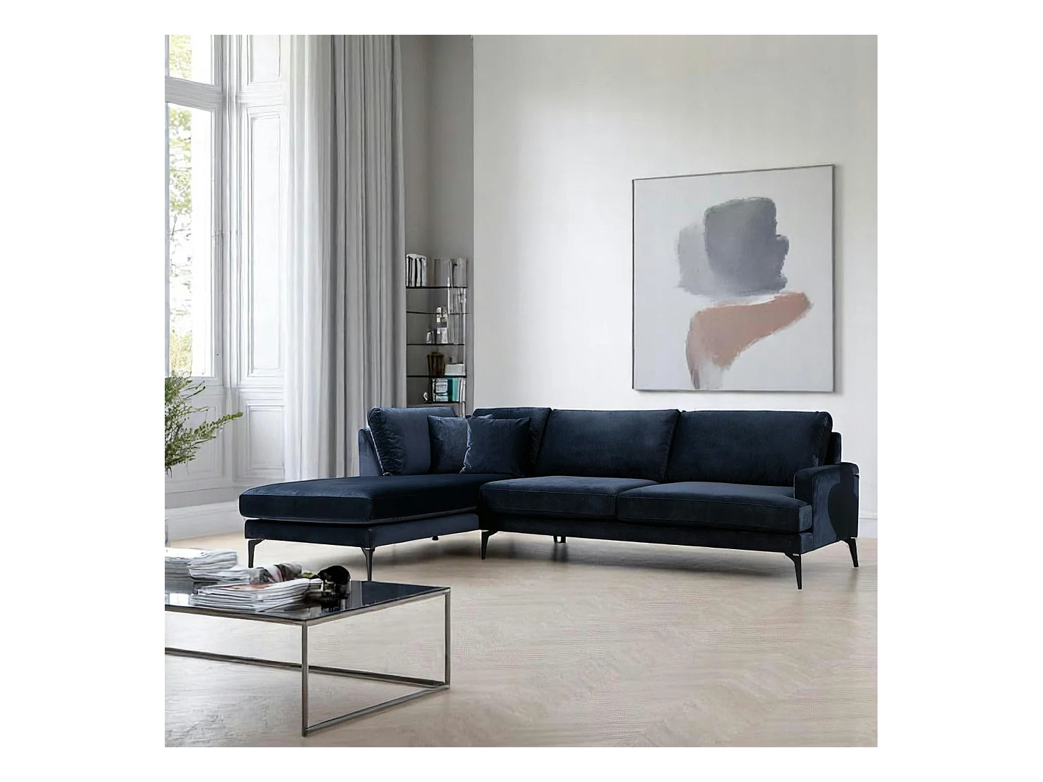 Canapé d'angle bleu nuit en velours - côté gauche SEATTLE