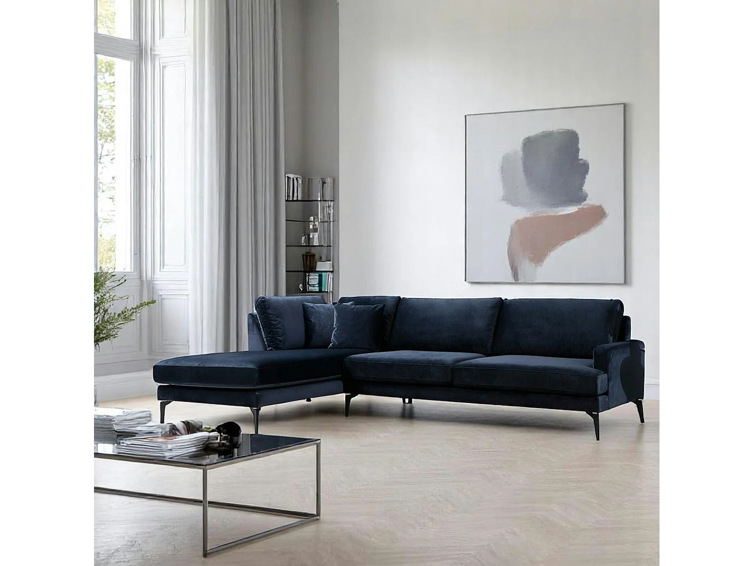 Canapé d'angle bleu nuit en velours - côté gauche SEATTLE