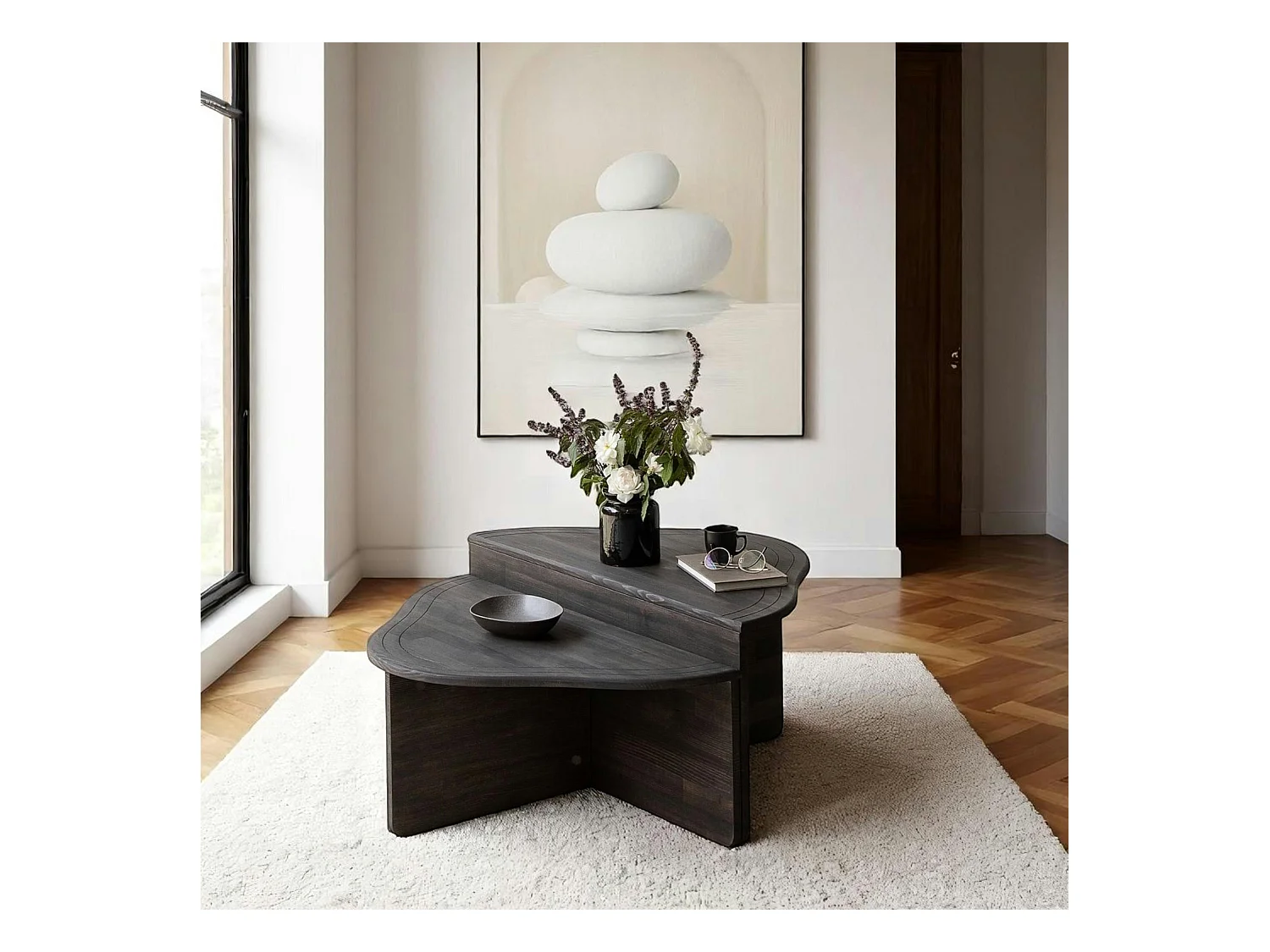 Table basse en bois gris foncé - organique, 2 hauteurs LINARES