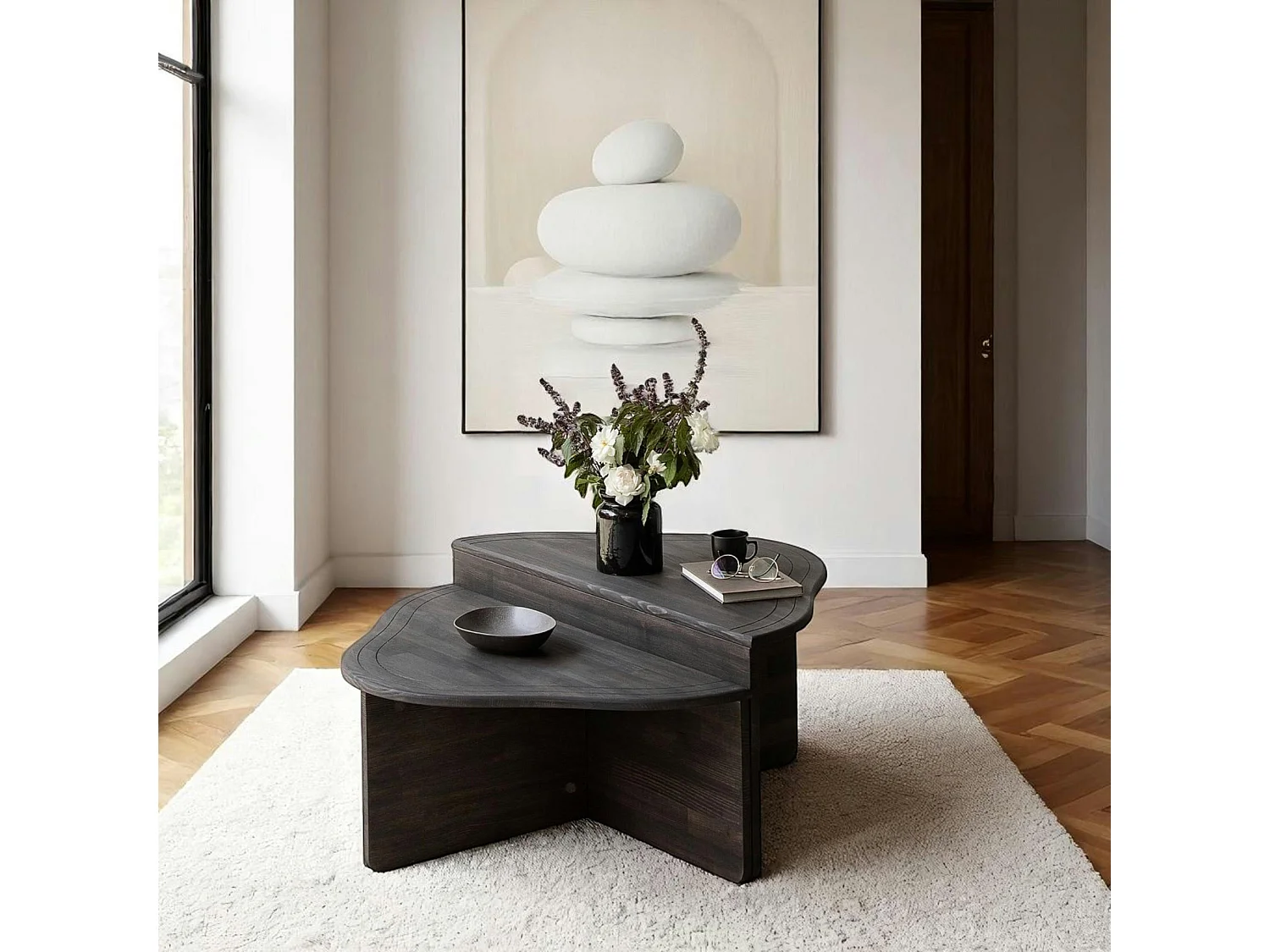 Table basse en bois gris foncé - organique, 2 hauteurs LINARES