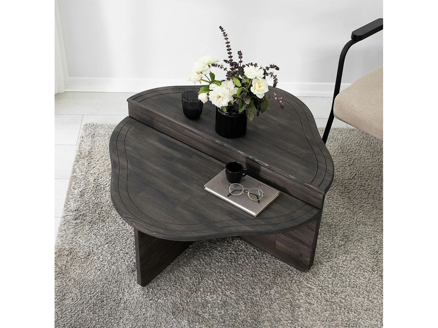 Table basse en bois gris foncé - organique, 2 hauteurs LINARES
