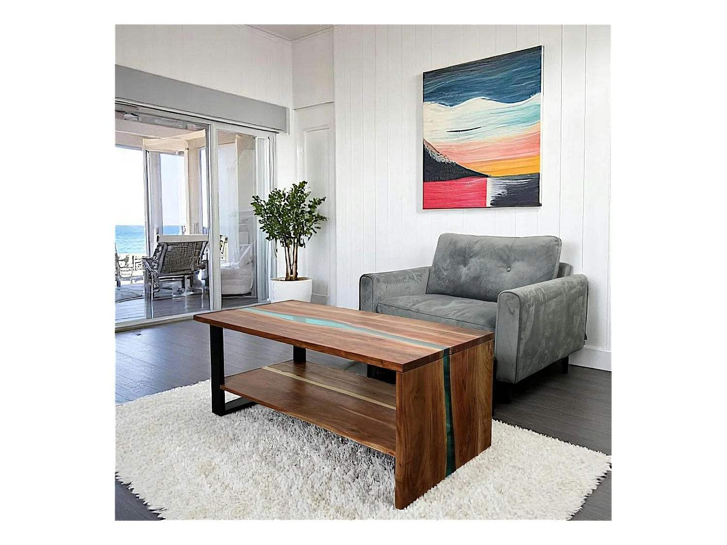 Table basse rivière epoxy lagon et bois d'acacia BORA