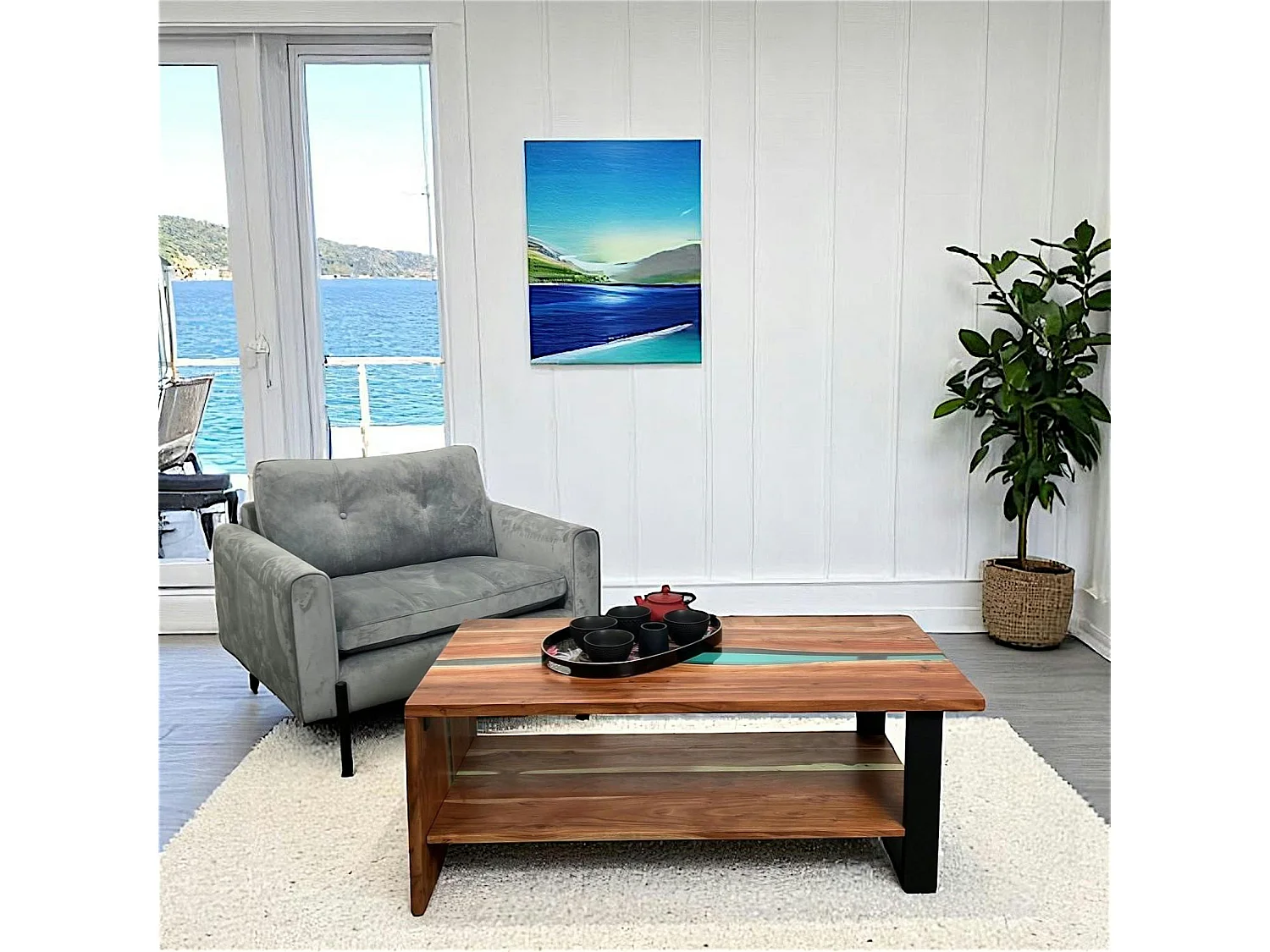 Table basse rivière epoxy lagon et bois d'acacia BORA