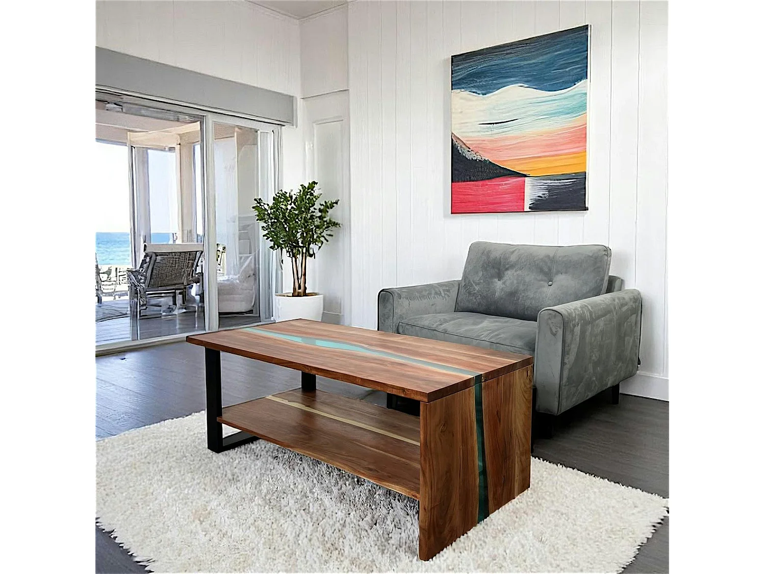 Table basse rivière epoxy lagon et bois d'acacia BORA