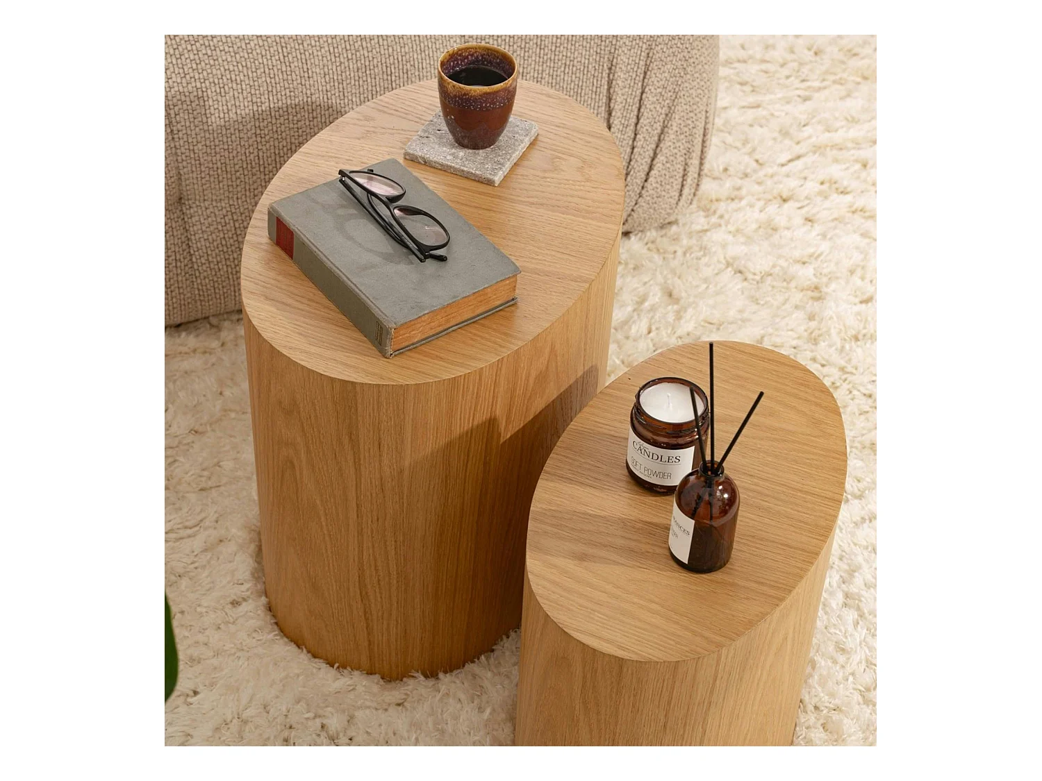 Bout de canapé design effet bois - forme ovale (2 pièces) MARFA