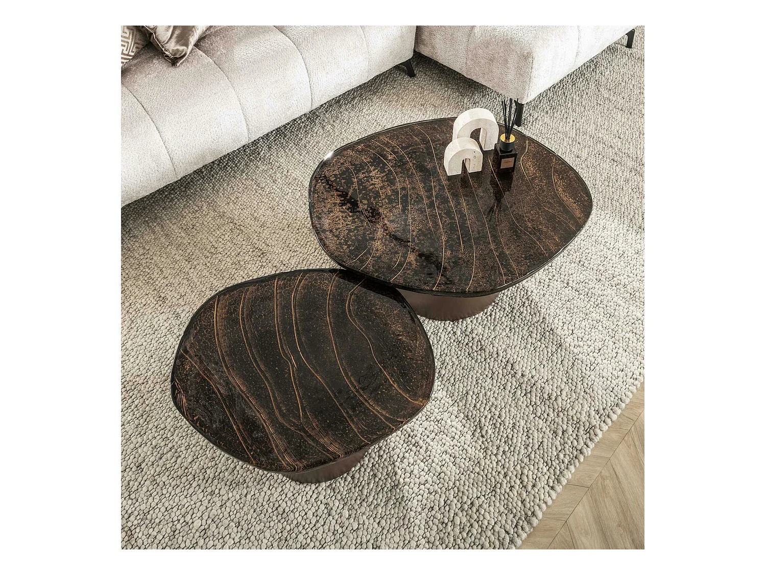 Table gigogne en verre – finition cuivre antique (lot de 2) LAGUNA