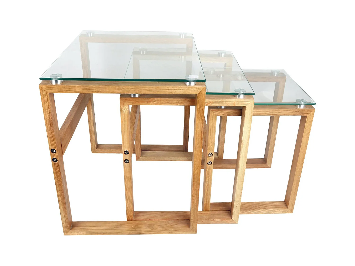 Lot de 3 Tables carrées d'appoint Gigogne plateau verre et pieds bois H50cm