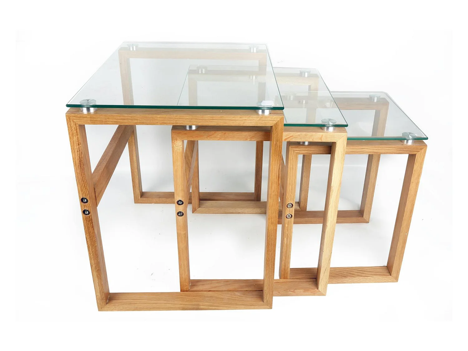 Lot de 3 Tables carrées d'appoint Gigogne plateau verre et pieds bois H50cm