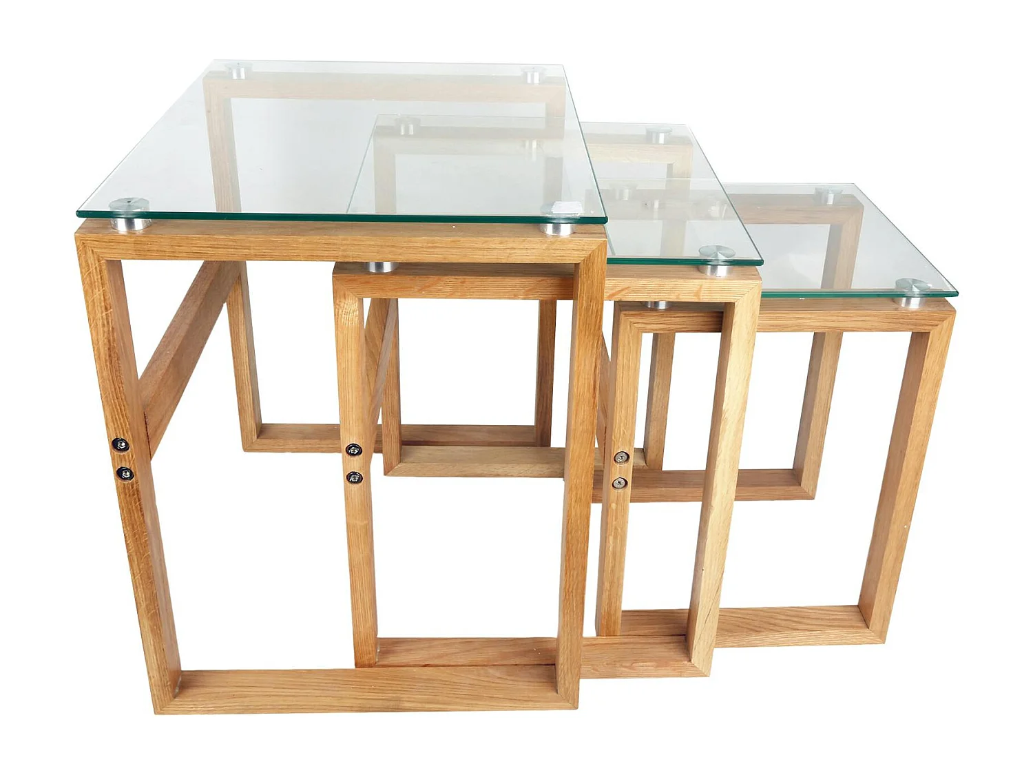 Lot de 3 Tables carrées d'appoint Gigogne plateau verre et pieds bois H50cm