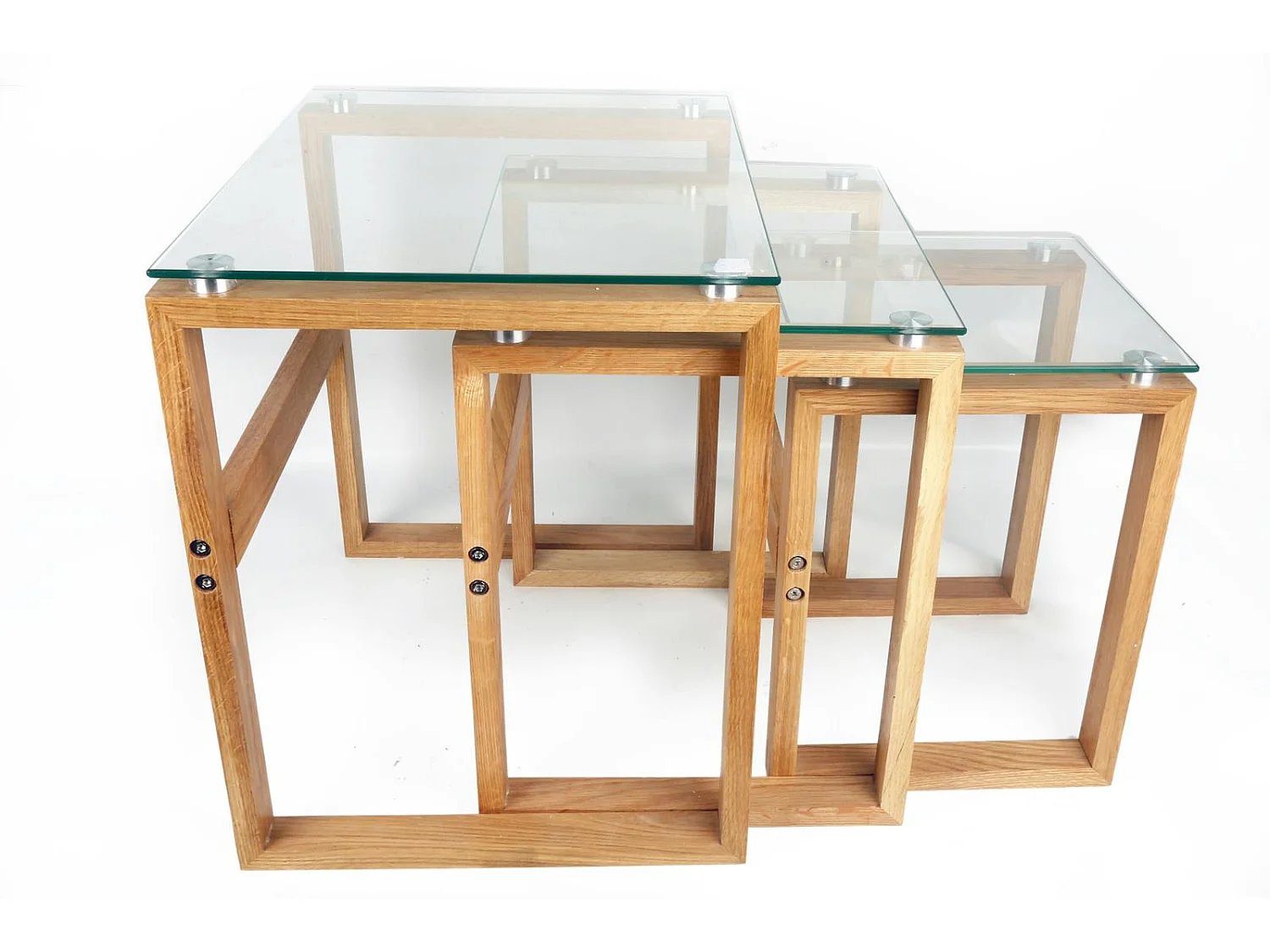Lot de 3 Tables carrées d'appoint Gigogne plateau verre et pieds bois H50cm
