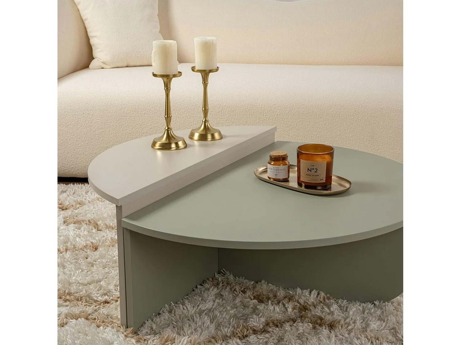 Table basse moderne vert sauge & beige - 2 hauteurs MARFA