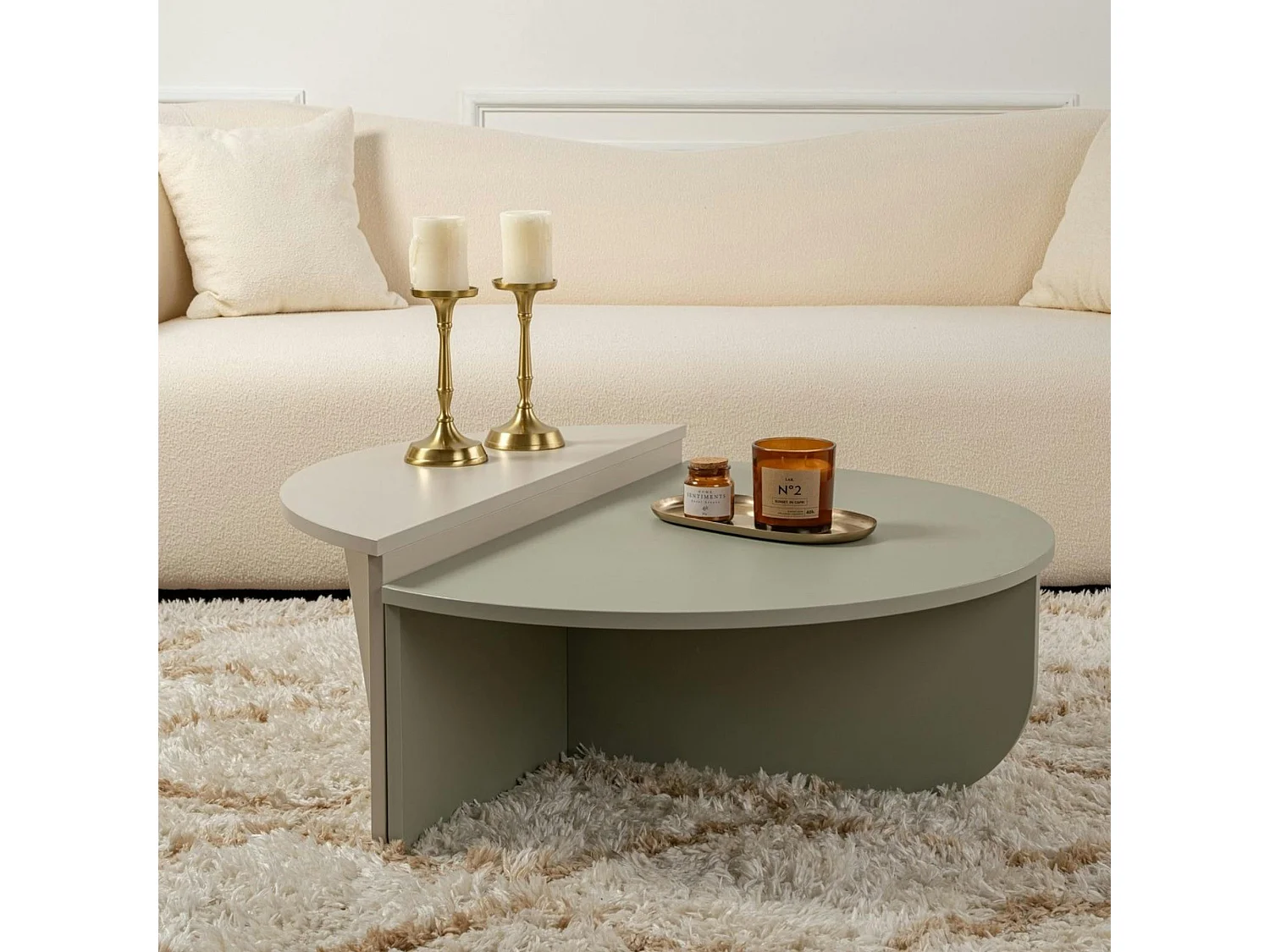 Table basse moderne vert sauge & beige - 2 hauteurs MARFA