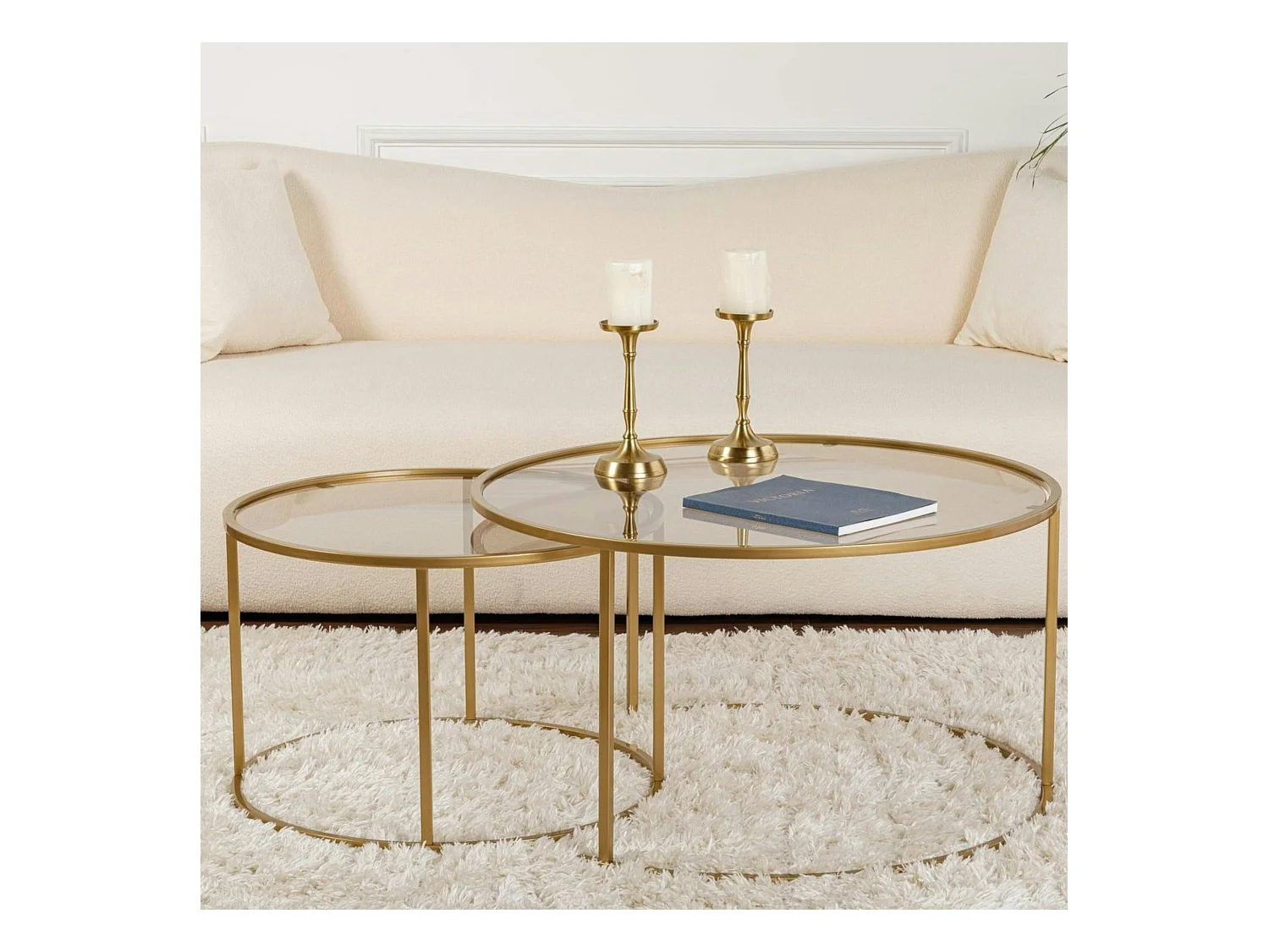 Table gigogne verre ambré - cadre doré (lot de 2) ⌀80 cm TULUM