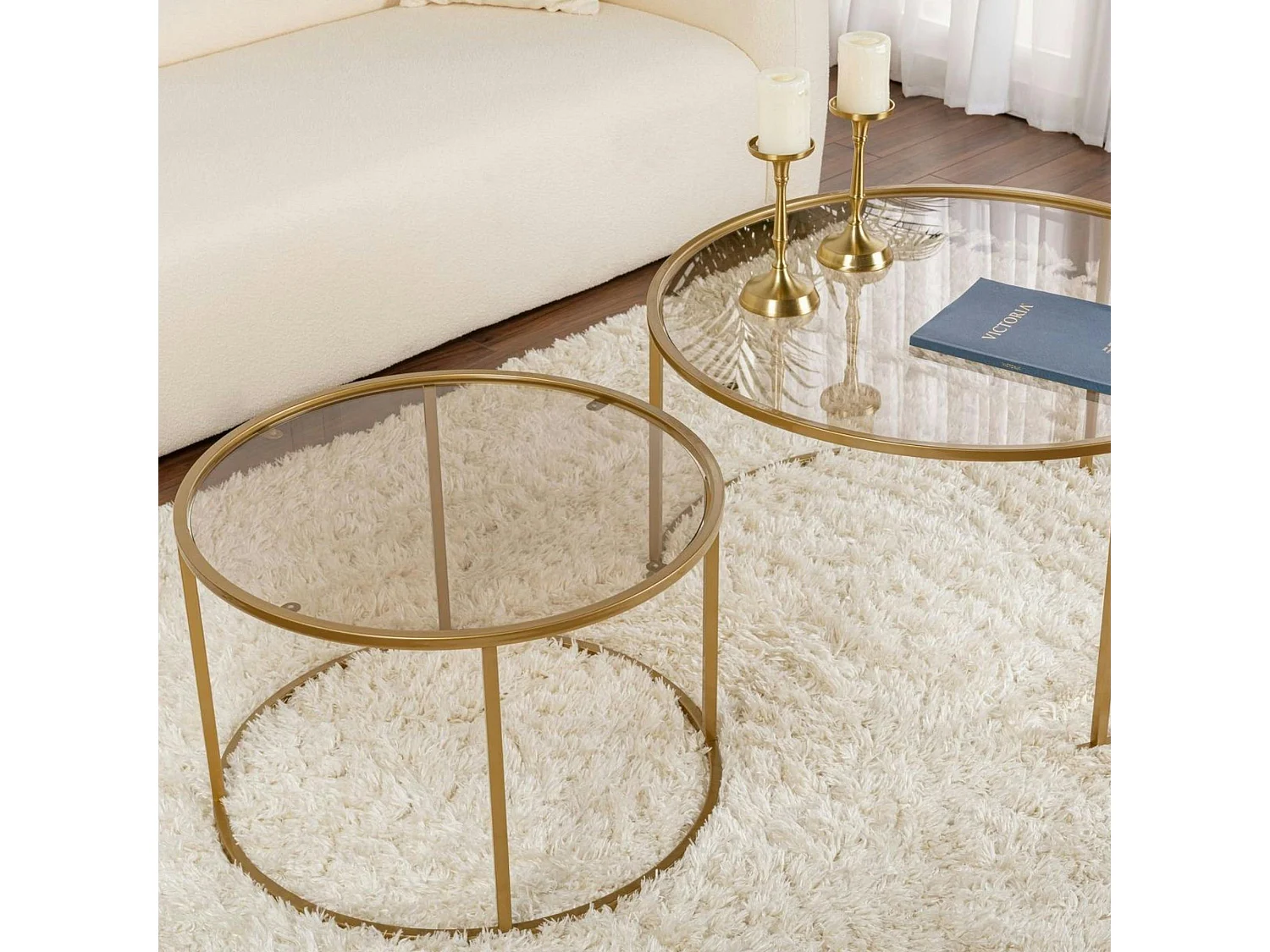 Table gigogne verre ambré - cadre doré (lot de 2) ⌀80 cm TULUM