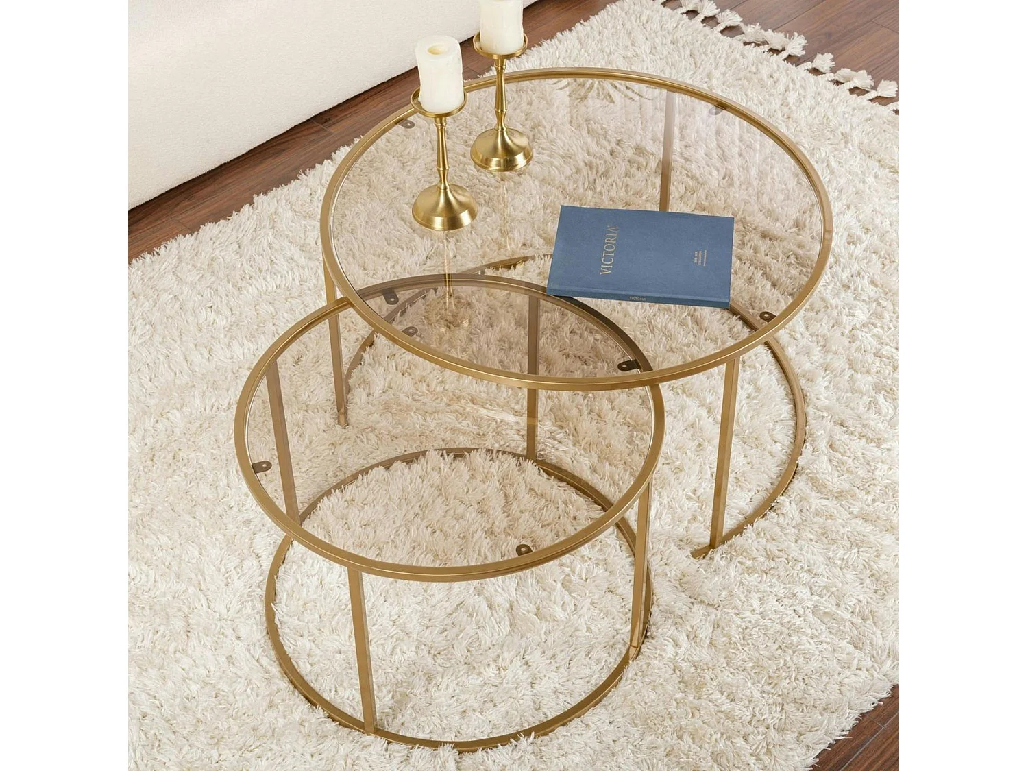 Table gigogne verre ambré - cadre doré (lot de 2) ⌀80 cm TULUM