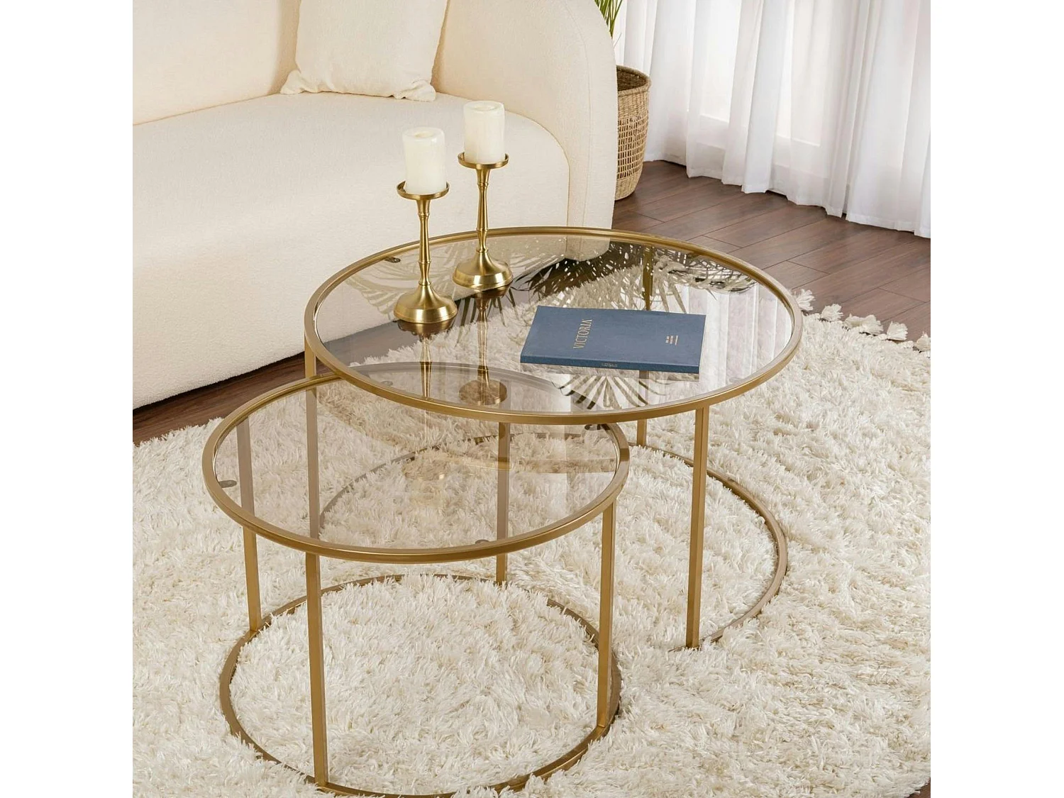 Table gigogne verre ambré - cadre doré (lot de 2) ⌀80 cm TULUM