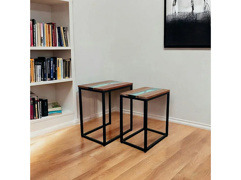 Table basse gigogne époxy lagon et bois d'acacia (lot de 2) BORA