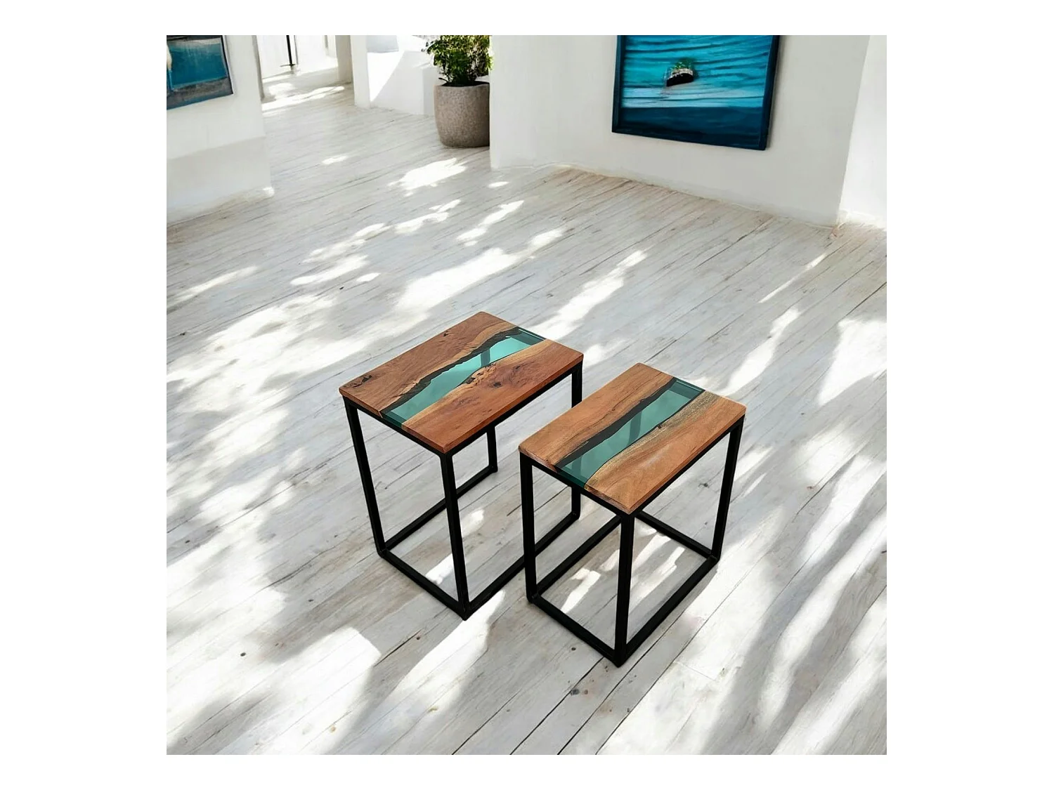 Table basse gigogne époxy lagon et bois d'acacia (lot de 2) BORA