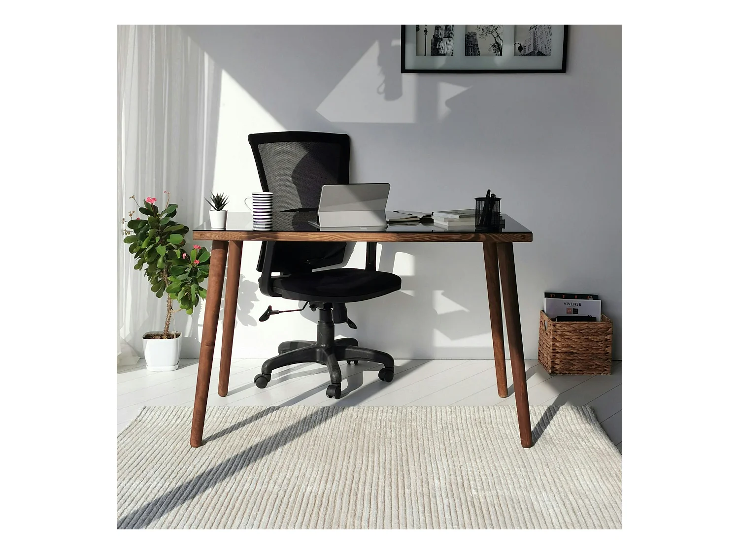 Bureau en bois foncé et verre noir - style moderne ANZIO