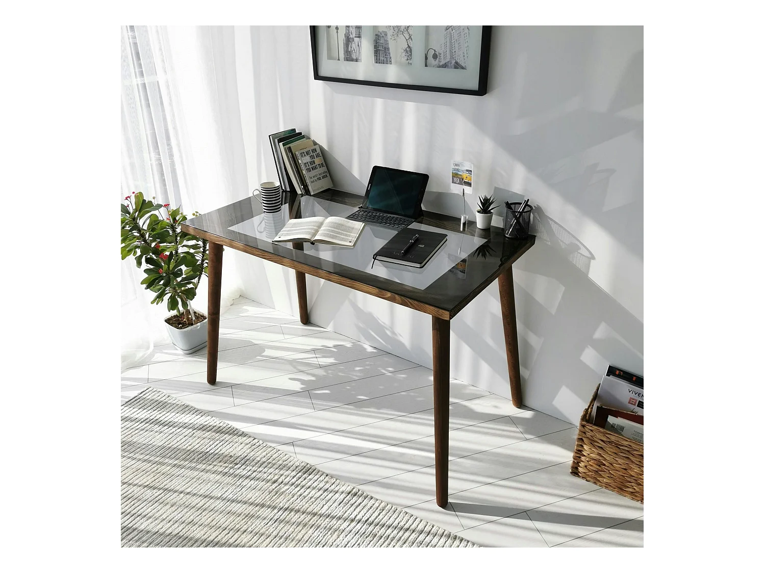 Bureau en bois foncé et verre noir - style moderne ANZIO