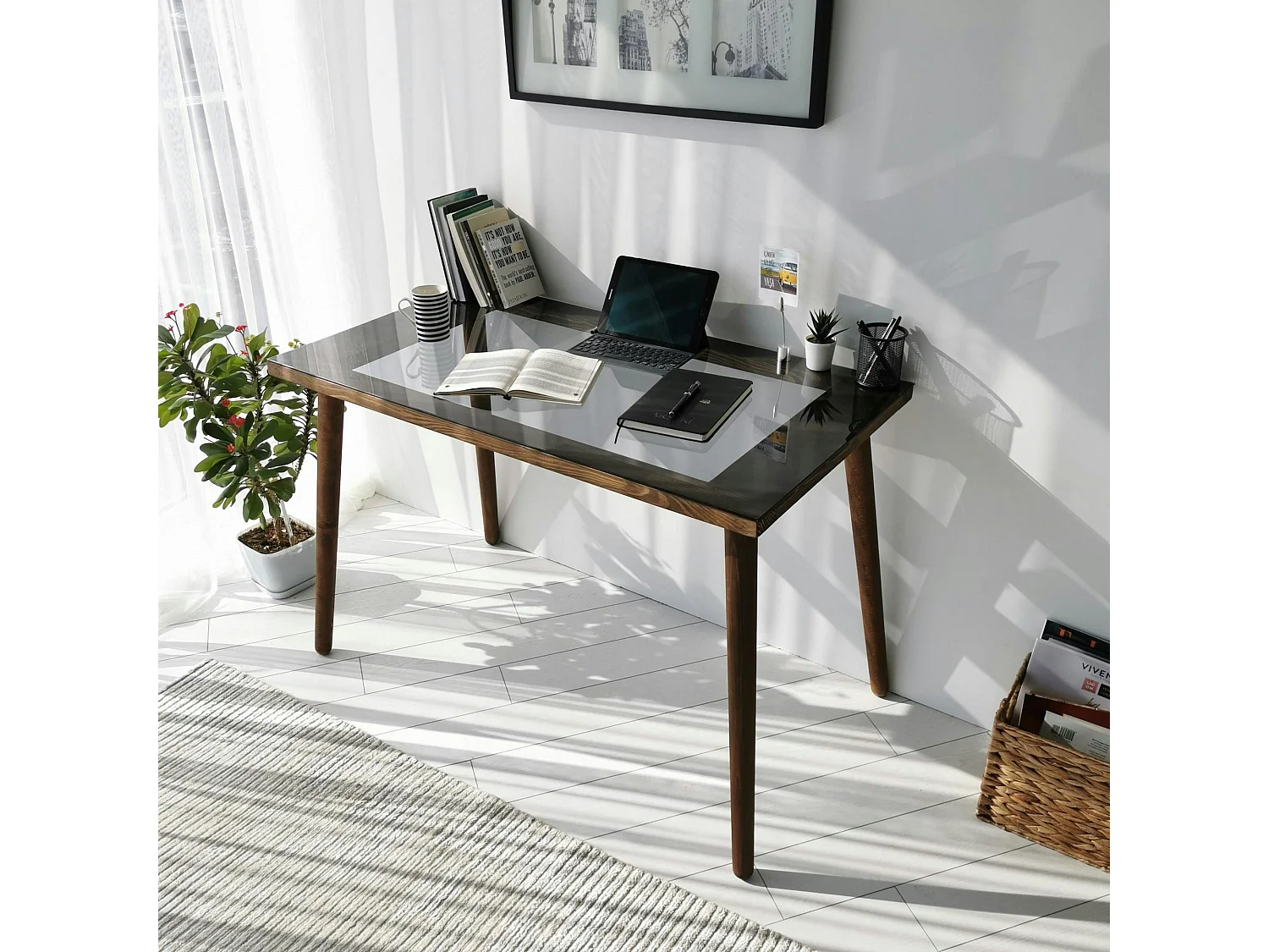 Bureau en bois foncé et verre noir - style moderne ANZIO