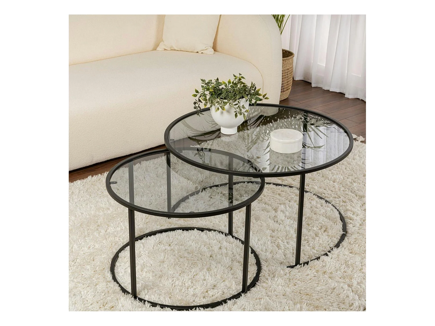 Table gigogne verre fumé - cadre noir (lot de 2) ⌀80 cm TULUM
