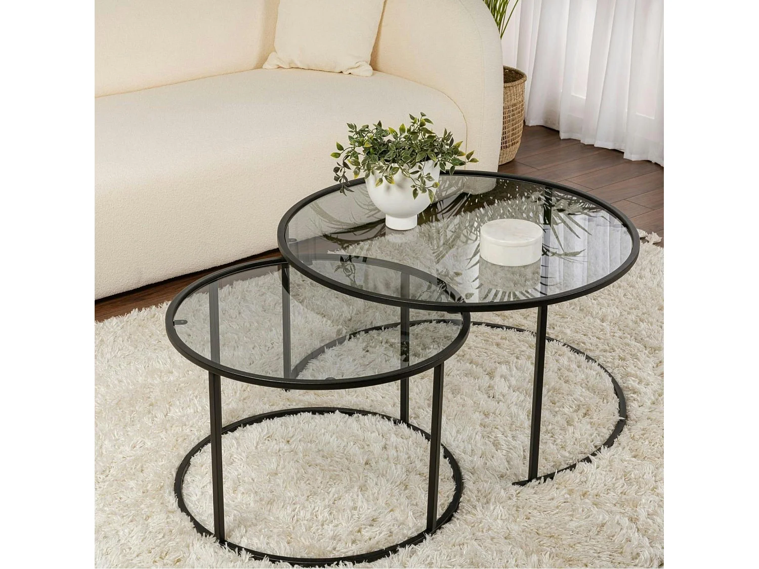 Table gigogne verre fumé - cadre noir (lot de 2) ⌀80 cm TULUM