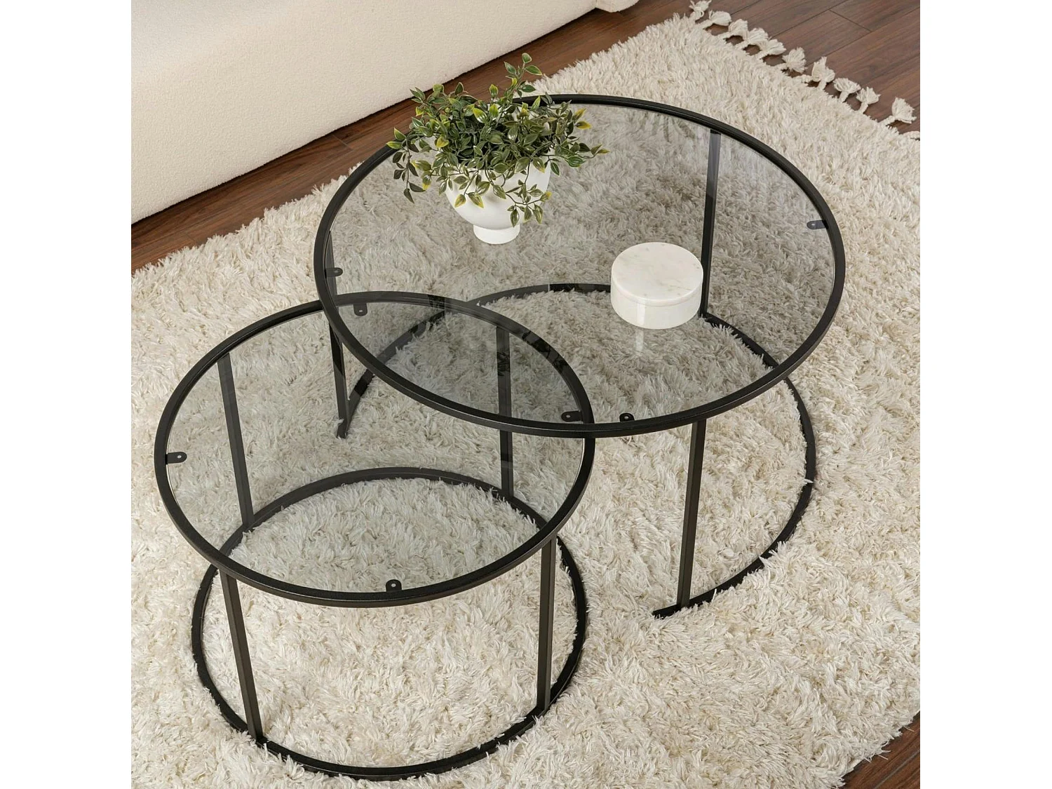 Table gigogne verre fumé - cadre noir (lot de 2) ⌀80 cm TULUM