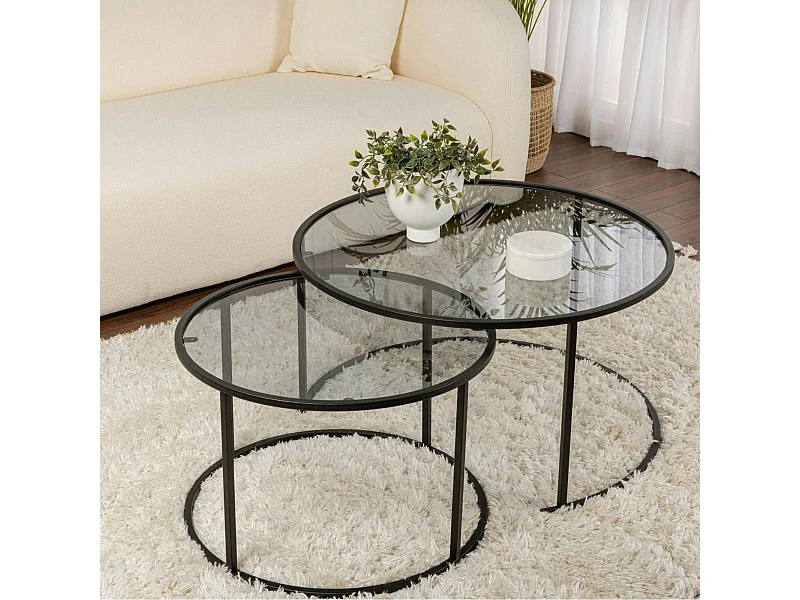 Table gigogne verre fumé - cadre noir (lot de 2) ⌀80 cm TULUM