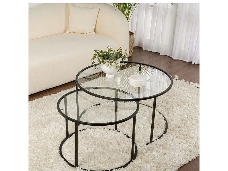 Table gigogne en verre - cadre noir (lot de 2) ⌀80 cm TULUM