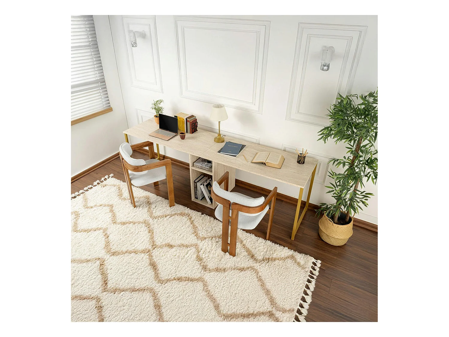 Bureau double avec rangement central - plateau effet travertin MARFA