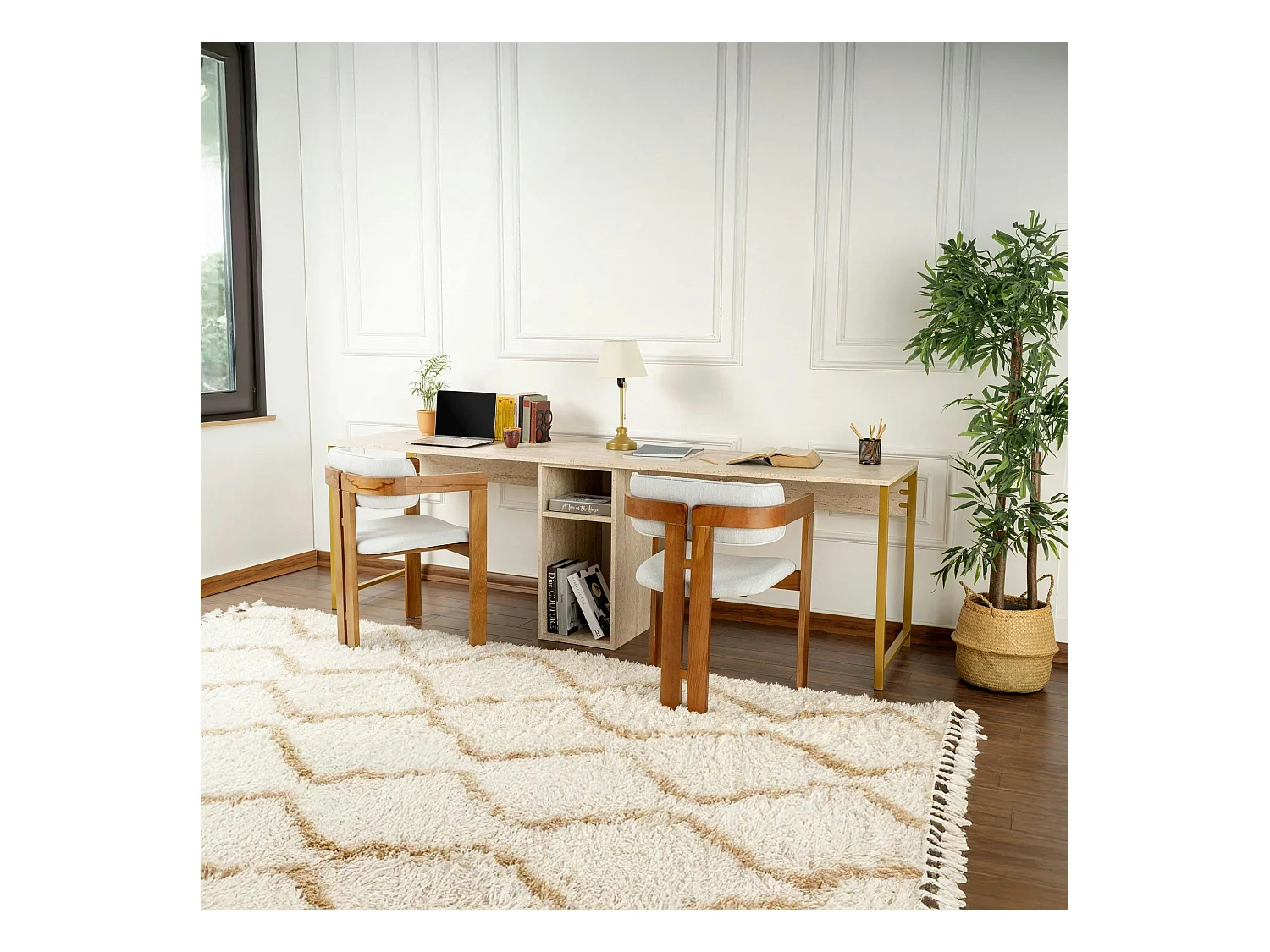 Bureau double avec rangement central - plateau effet travertin MARFA