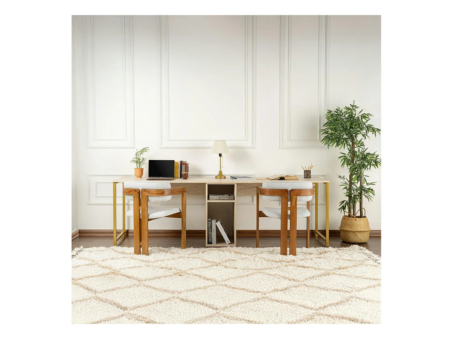 Bureau double avec rangement central - plateau effet travertin MARFA