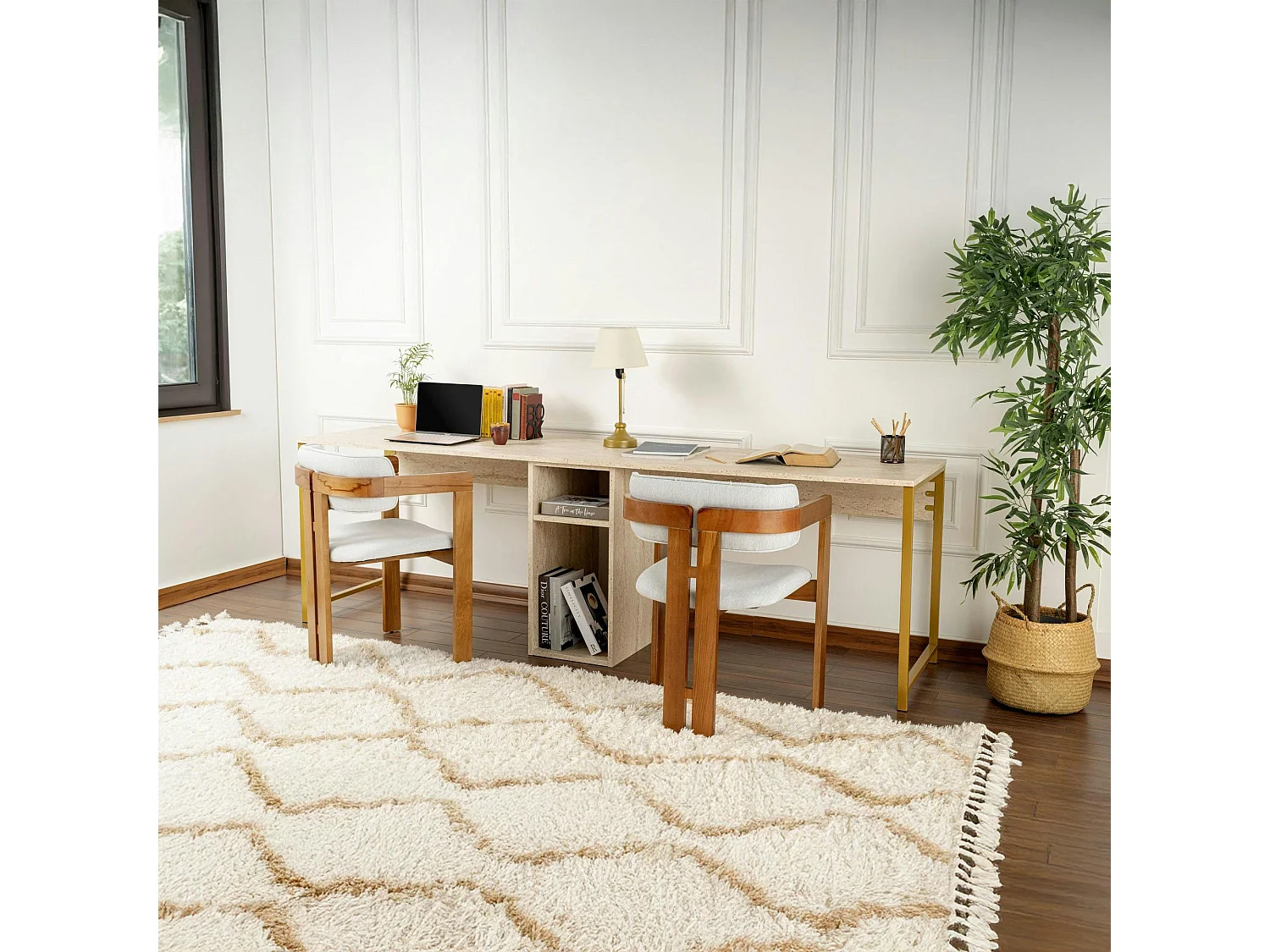 Bureau double avec rangement central - plateau effet travertin MARFA