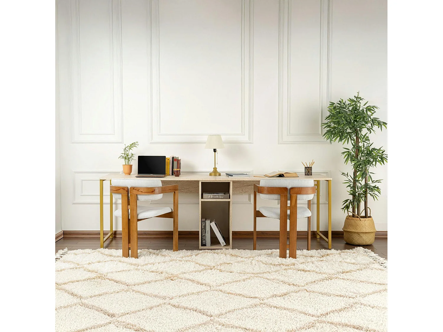 Bureau double avec rangement central - plateau effet travertin MARFA