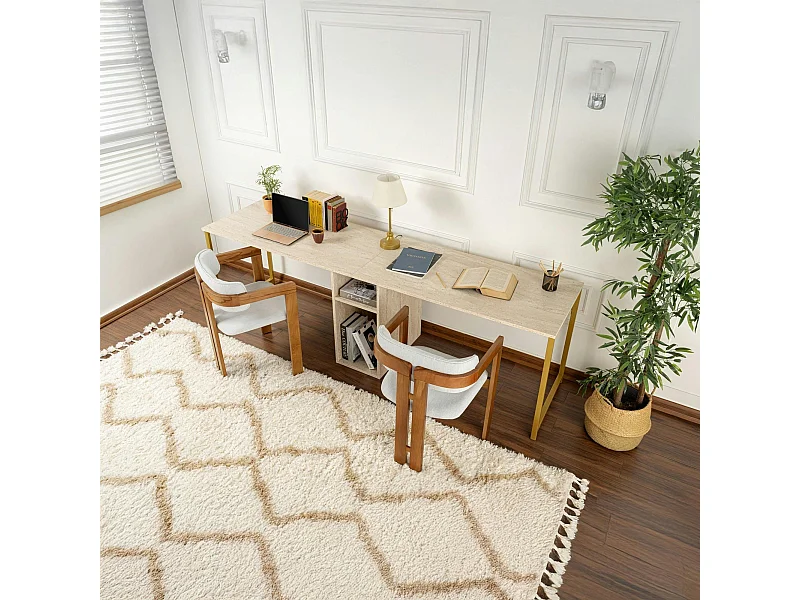 Bureau double avec rangement central - plateau effet travertin MARFA