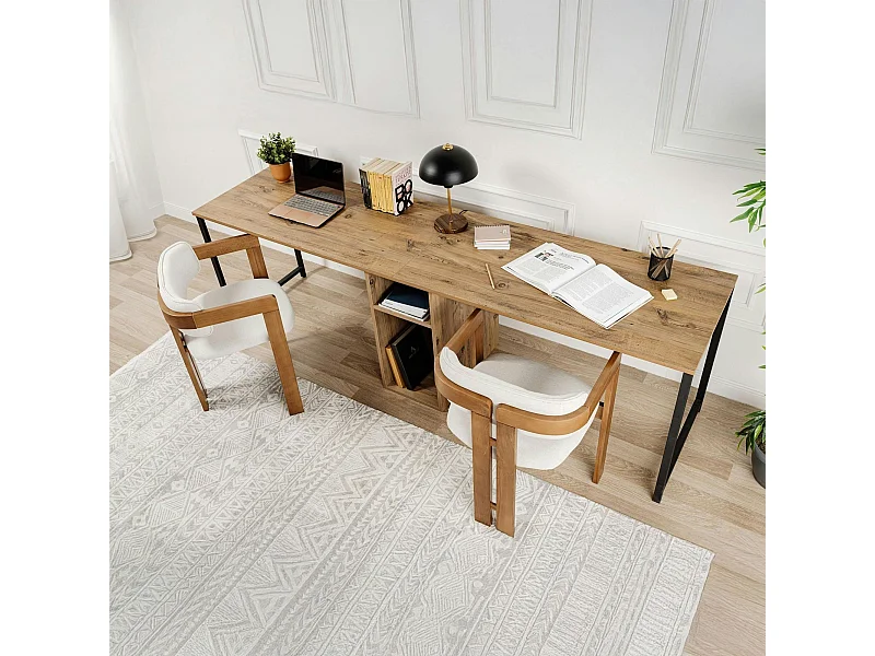 Bureau double avec rangement central - plateau effet pin MARFA
