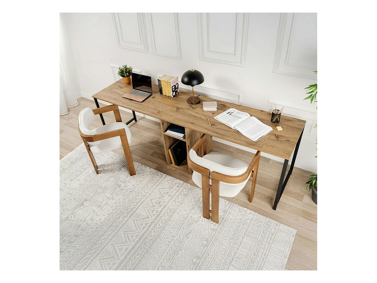 Bureau double avec rangement central - plateau effet pin MARFA