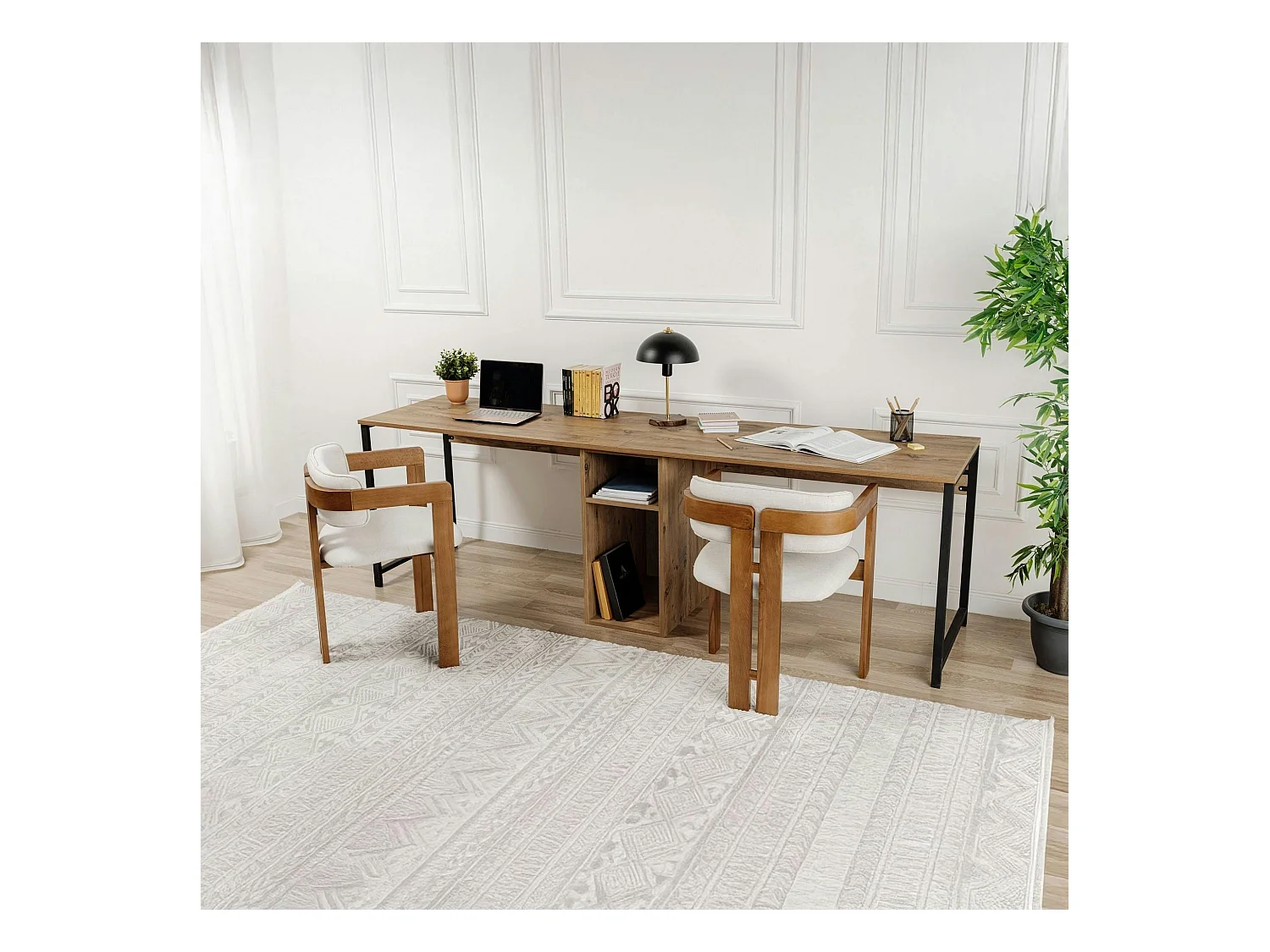 Bureau double avec rangement central - plateau effet pin MARFA