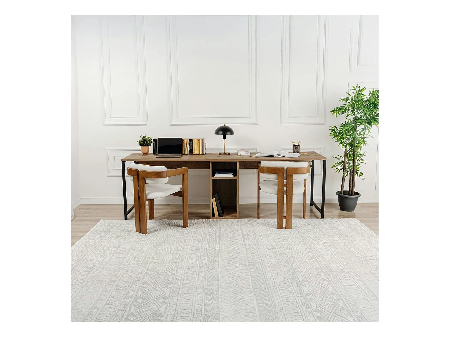 Bureau double avec rangement central - plateau effet pin MARFA