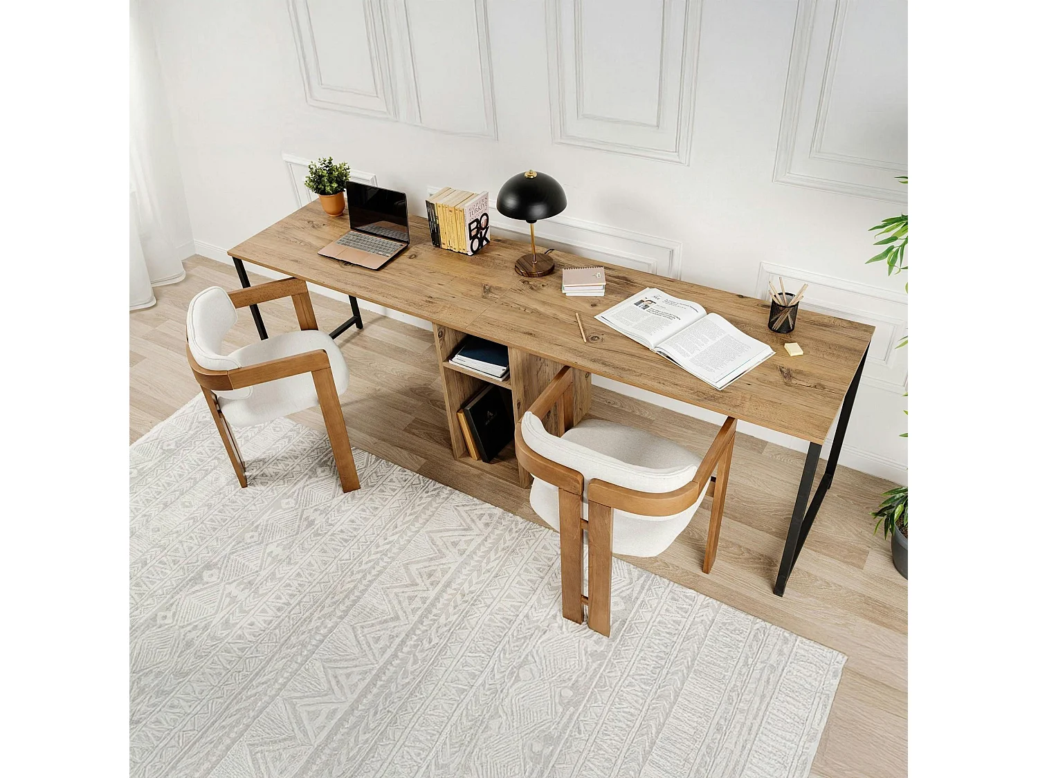 Bureau double avec rangement central - plateau effet pin MARFA